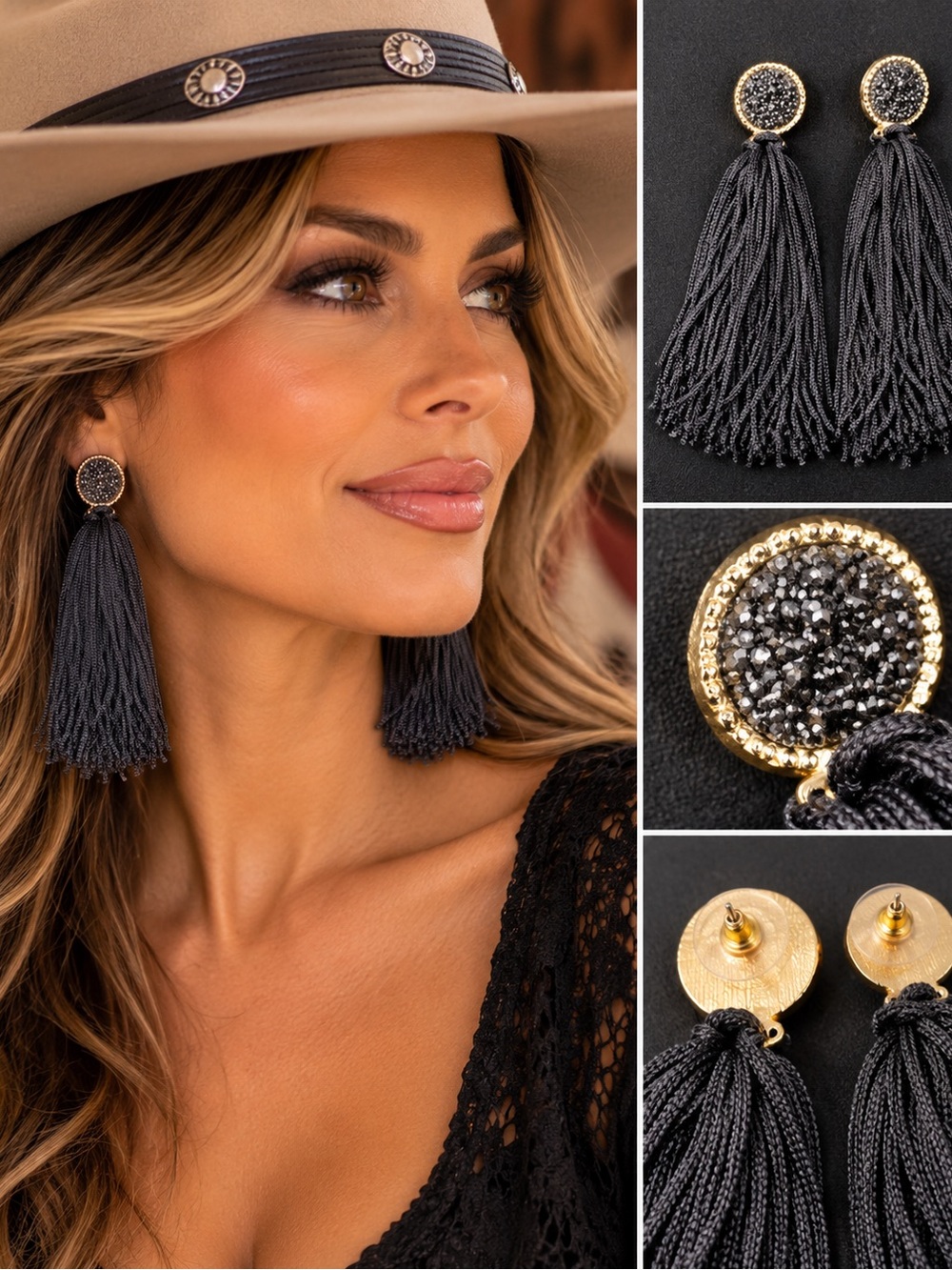 Black Tassel Drop Earrings with Gold Accents - Women's Jewelry